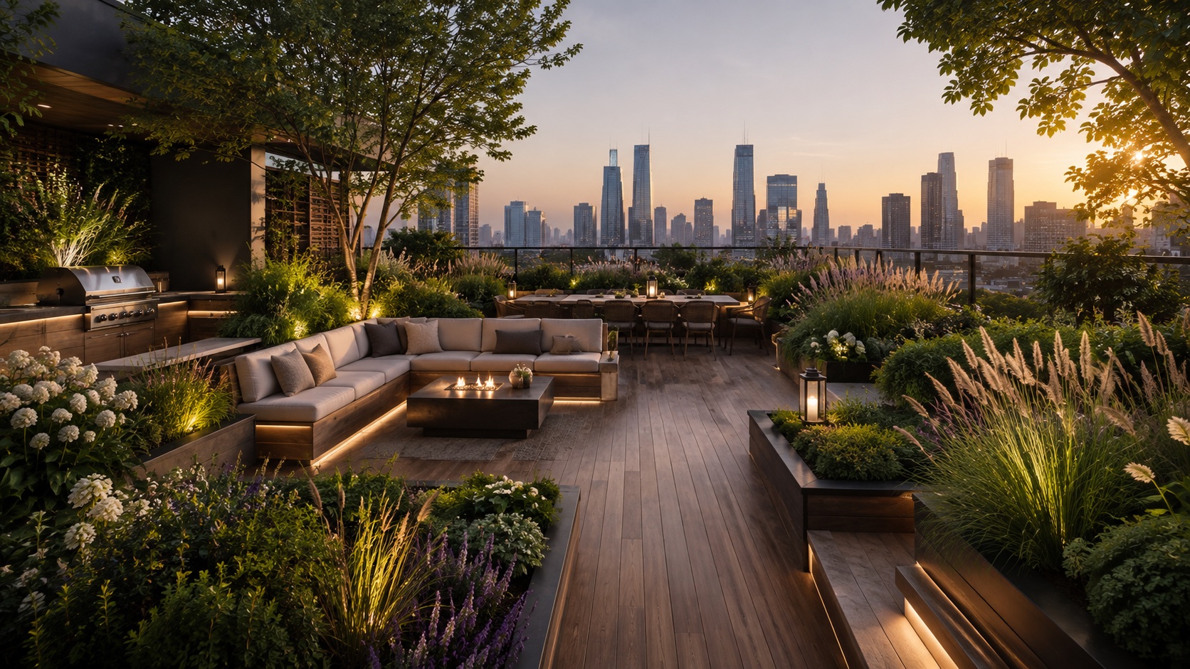 A planted city terrace at sunset with outdoor seating, dining space and warm integrated lighting.
