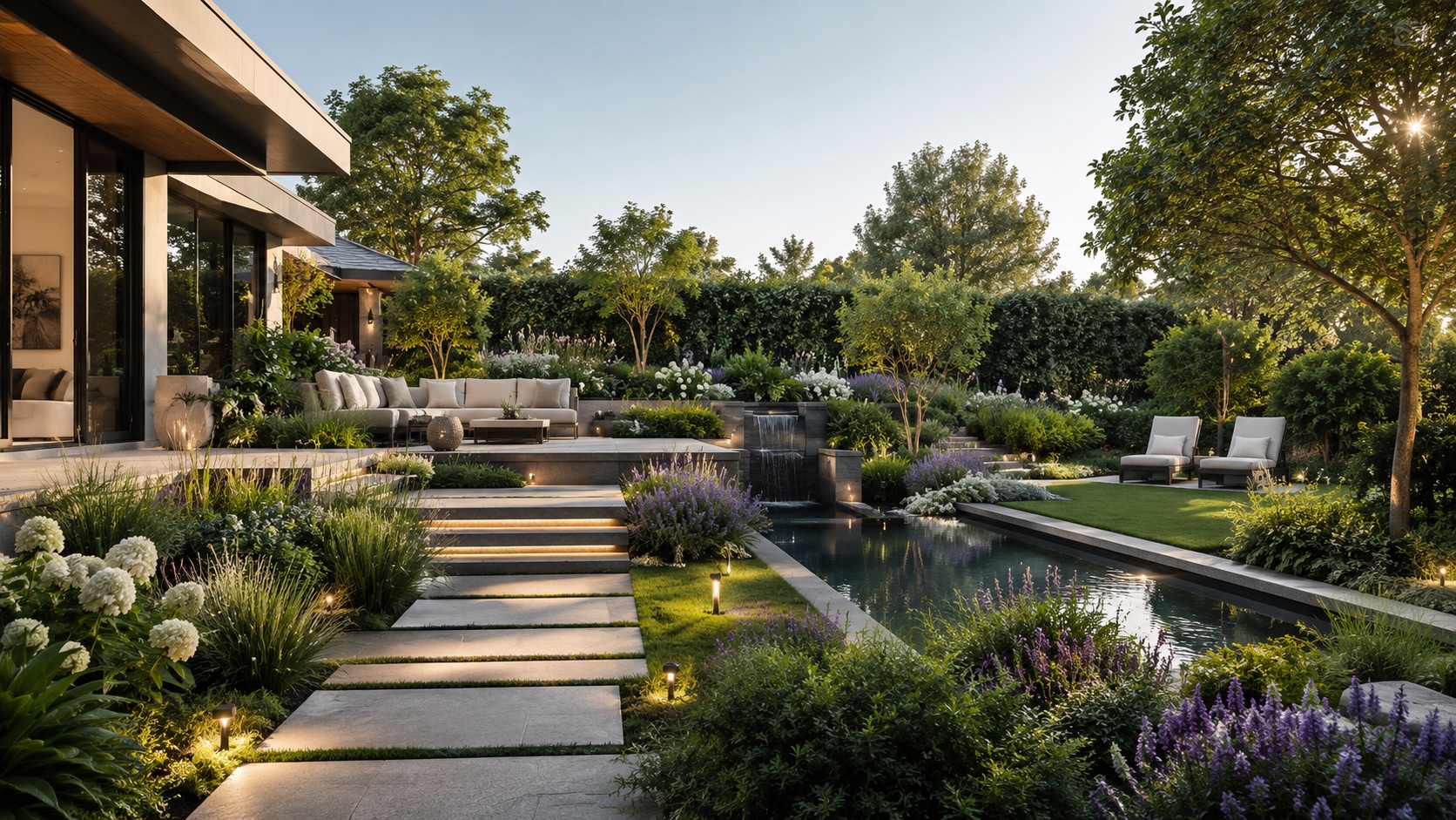 A contemporary residential garden with layered planting, a reflecting pool and outdoor seating in warm evening light.