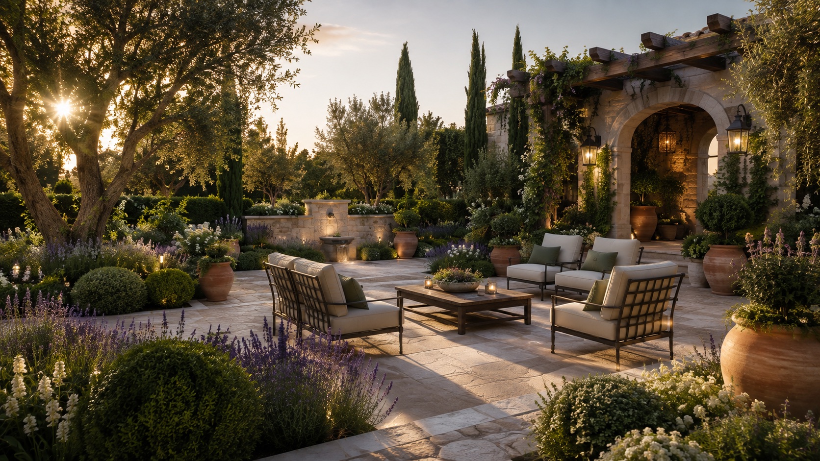A Mediterranean courtyard garden with olive trees, lavender, terracotta planters and a stone pergola.